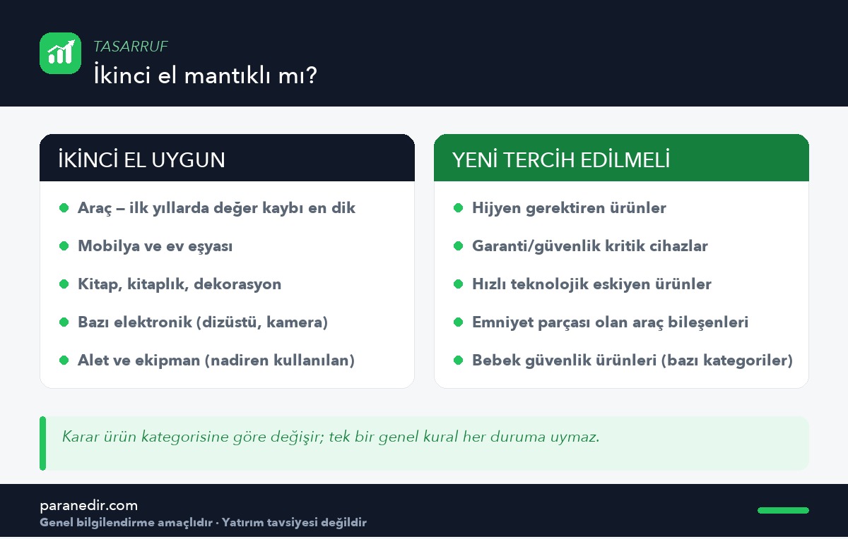 İkinci elin uygun olduğu ve yeni tercihin daha güvenli olduğu kategoriler